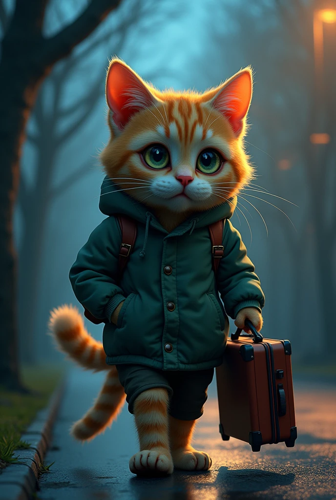 “Creates an image of an anthropomorphic feline character, a cat with watery eyes, rosy cheeks, soaked eyelashes, emotional expression, intense sadness, tears, realistic textures, very refined details, holding his suitcase full of things, walking alone on the street, trees in low light. Around him, the cat has a neon light effect.