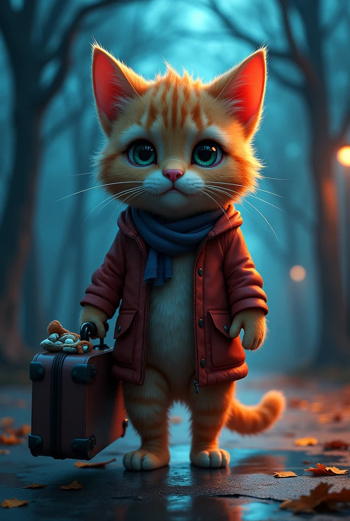 “Creates an image of an anthropomorphic feline character, a cat with watery eyes, rosy cheeks, soaked eyelashes, emotional expression, intense sadness, tears, realistic textures, very refined details, holding his suitcase full of things, walking alone on the street, trees in low light. Around him, the cat has a neon light effect.