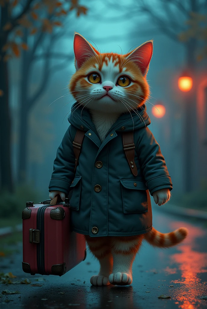 “Creates an image of an anthropomorphic feline character, a cat with watery eyes, rosy cheeks, soaked eyelashes, emotional expression, intense sadness, tears, realistic textures, very refined details, holding his suitcase full of things, walking alone on the street, trees in low light. Around him, the cat has a neon light effect.