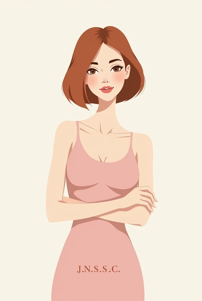  crea un logotipo de una chica cabello corto cobrizo, skinny girl arms crossed light brown eyes, thin face, in pink dress, put initials below J.n.s.s.c. in capital letters