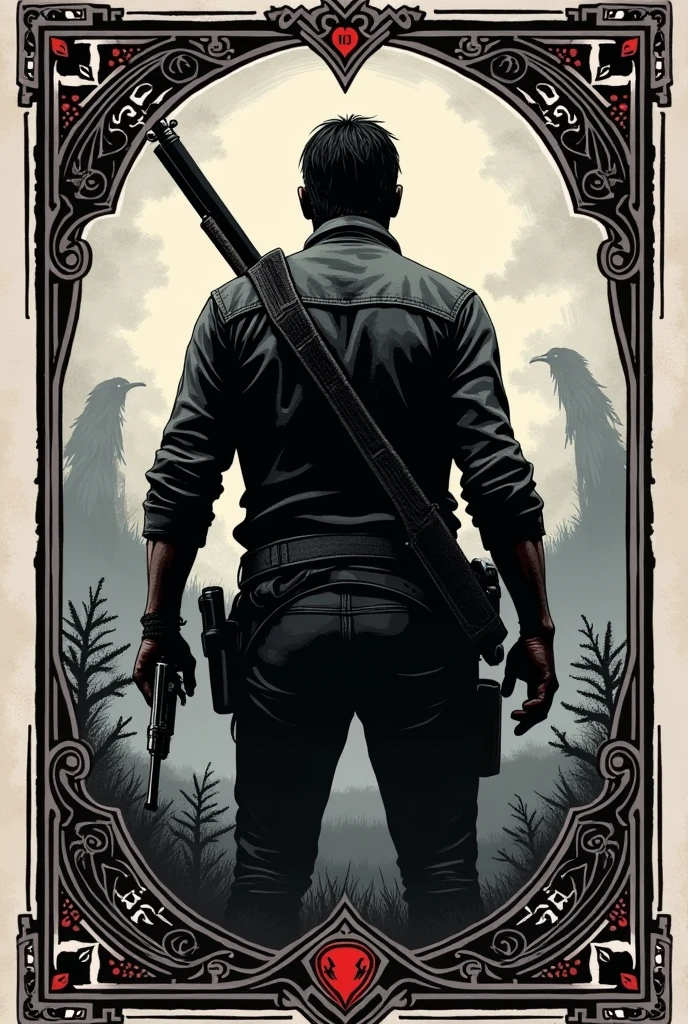Tatuagem Red dead redemption 2(black and gray) in a tarot card with Arthur Morgan from behind holding his pistol with a Winchester on his shoulder