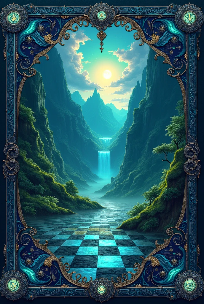 Create a chessboard with dimensions 420mm x 297mm, incorporating elements of a fantasy landscape. Use intricate, magical designs for the squares, such as enchanted forests, mystical mountains, and glowing rivers. The borders should feature ornate, mythical symbols, and the overall color scheme should evoke a mystical, otherworldly atmosphere with deep blues, greens, and purples 16:9