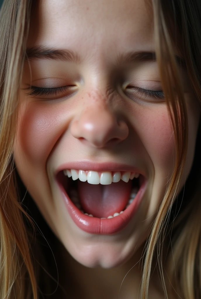 closeup of a female young teen’s face, mouth very wide open and smiling, eyes closed, long hair, extreme skin detail, photorealistic, 8k, wallpaper, viewed from above