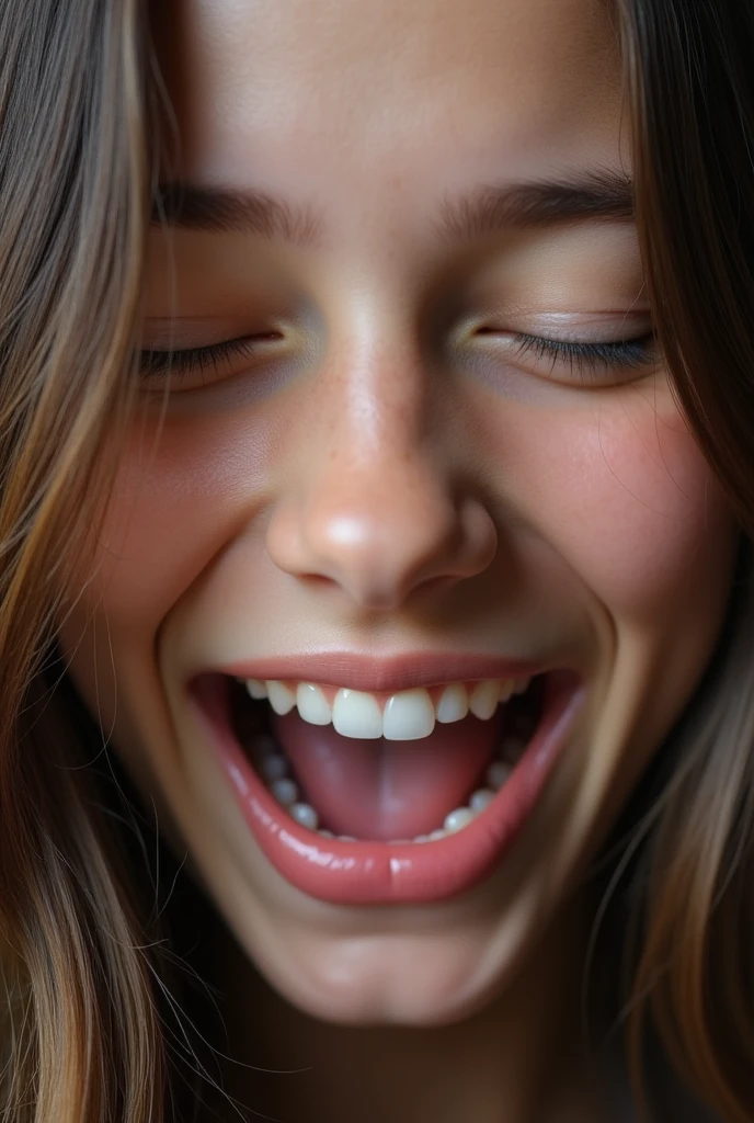 closeup of a female ’s face, mouth very wide open and smiling, eyes closed, long hair, extreme skin detail, photorealistic, 8k, wallpaper, viewed from above