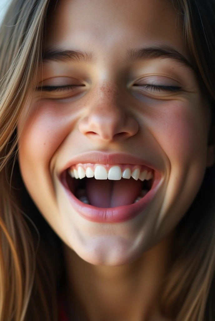 closeup of a female young teen’s face, mouth very wide open and smiling, eyes closed, long hair, extreme skin detail, photorealistic, 8k, wallpaper, viewed from above