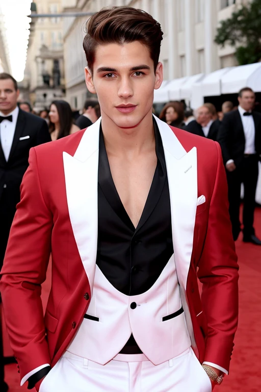 Young cute handsome skinny white face beautiful soft skin shirtless in suit on a red carpet wearing jacket with mesh criss-cross bustier