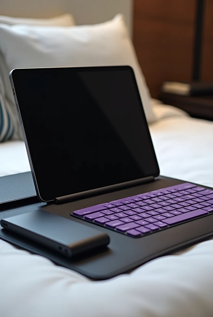 A black leather portfolio,A tablet is held at the head of the bed, It also has a purple keyboard and has a printer on the bottom in the leather.,All in one.