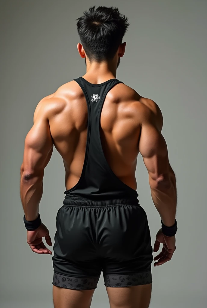 Mexican 22 year old muscular man wearing sleeveless open vest and muay thai short shorts back view