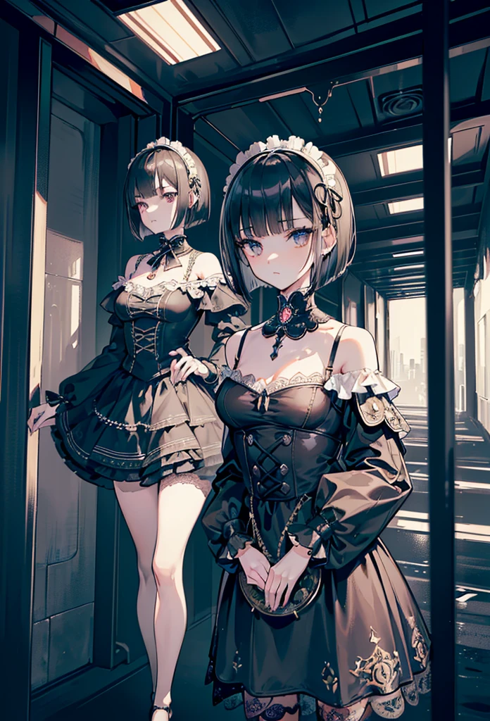 ((waterunderground background)),(((Masterpiece, top quality, super detailed))), One female, (((Very Slender body))) , (((Long, thin legs))), (((short black bob, thick puffy bangs ))), (((very detailed face))), cosmetics-free, small thin nose, small thin-lipped mouth, (((very sharp focused eyes))), large slit precision pale grey eyes, sparkling like jewels, Long eyelashes, ((Very decorative intricate mechanical steampunk fashion, Lace Flared mini skirt, Lace stockings above the knee, Lace Off-shoulder lolita fashion, Overly decorative fashion)), (((overall accuracy has improved dramatically, creating a super detailed and realistic image))), ((waterunderground background)),night,(furious),dynamic angle,dynamic pose,whole body,walk far away,from side,((waterunderground background)),standing from distance,((waterunderground background)),((waterunderground background)),research facility,research facility,((she is looking back)),