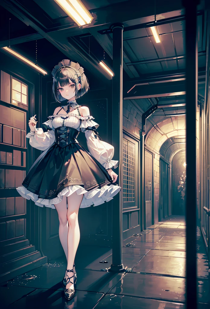 ((waterunderground background)),(((Masterpiece, top quality, super detailed))), One female, (((Very Slender body))) , (((Long, thin legs))), (((short black bob, thick puffy bangs ))), (((very detailed face))), cosmetics-free, small thin nose, small thin-lipped mouth, (((very sharp focused eyes))), large slit precision pale grey eyes, sparkling like jewels, Long eyelashes, ((Very decorative intricate mechanical steampunk fashion, Lace Flared mini skirt, Lace stockings above the knee, Lace Off-shoulder lolita fashion, Overly decorative fashion)), (((overall accuracy has improved dramatically, creating a super detailed and realistic image))), ((waterunderground background)),night,(furious),dynamic angle,dynamic pose,whole body,walk far away,from side,((waterunderground background)),standing from distance,((waterunderground background)),((waterunderground background)),research facility,research facility,((she is looking back)),