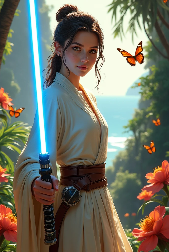 Star Wars style, brunette, looking at viewer, female, smiling, honey eyes, blue lightsaber, tropical, flowers, seascape, sunlight, butterflies