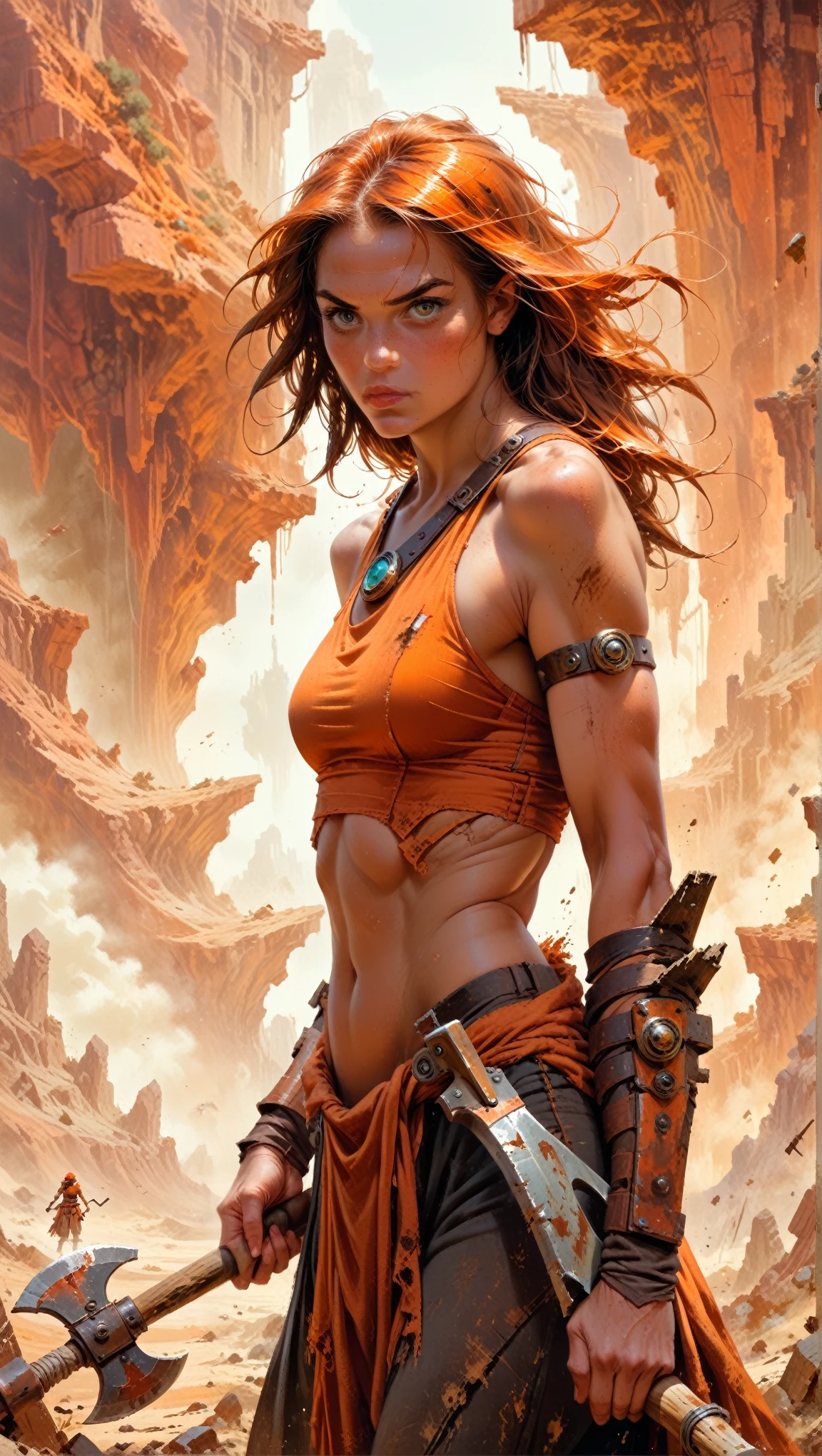 axe-spire dusty brown orange woman standing on the edge of horizon looking at the viewer, sci fi art style of the masters,