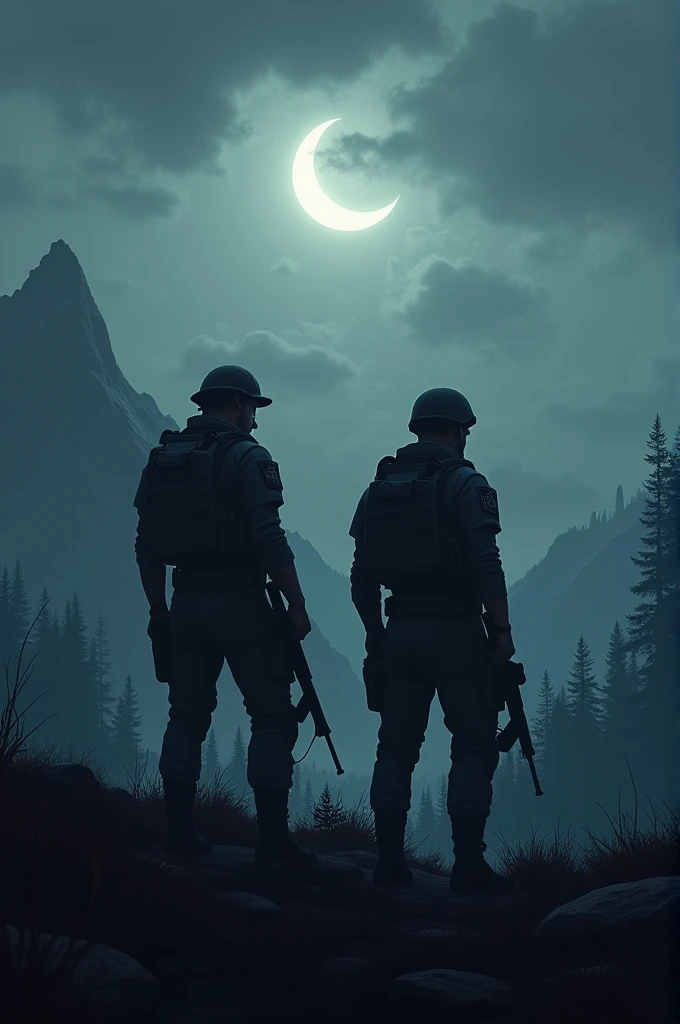 Two soldiers looking at the landscape at night