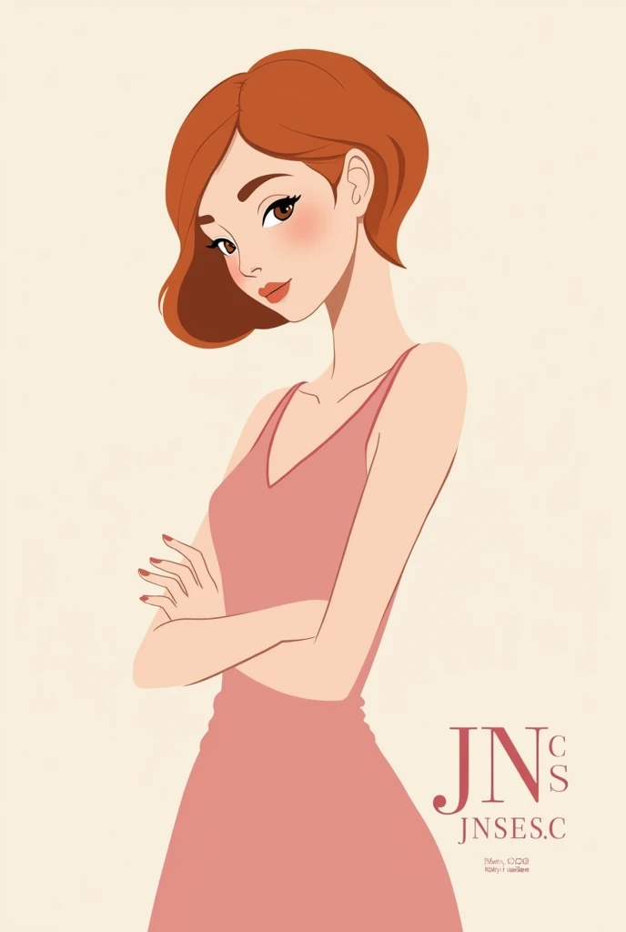  crea un logotipo de una chica cabello corto cobrizo, skinny girl arms crossed light brown eyes, thin face, in pink dress, put initials below J.n.s.s.c. in capital letters