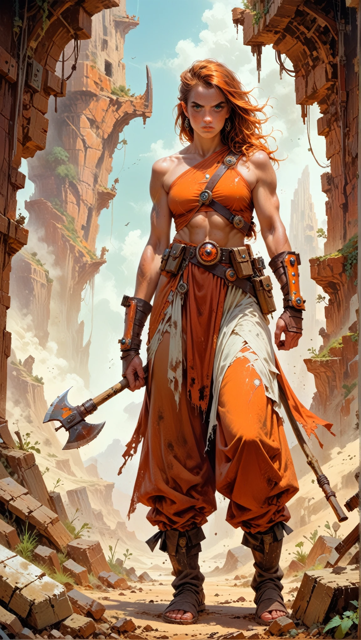 axe-spire dusty brown orange woman standing on the edge of horizon looking at the viewer, sci fi art style of the masters,