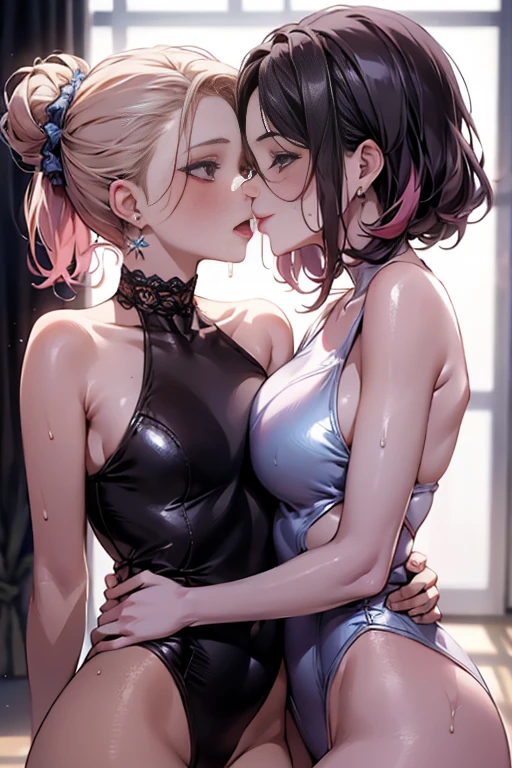 (Best quality, 8K, Masterpiece:1.3, 2 girls, Beautiful girl), cute, Dynamism, Detailed face, Detailed skin, detailed clothes, Detailed eyes, Detailed lips, Detailed tongue, Detailed fingers, Detailed mouth, Photorealistic, Raw photo, highres, hight resolution, Natural lighting, dynamic pose, perfect anatomy, toned legs, double eyelids, tear bags, round eyes, moist lips, sweaty, ecstatic face, rhythmic-gymnastics decorative leotard, (lots jewelry on leotard), gymnastics arena, half closed eyes, blush, open mouth, tongue out, tongue kiss, ahegao, drooling, split-color hair, (lesbian, lesbian kiss, yuri, 2 girls are kissing), erotic kiss, sexy kiss, forehead, bangs, grabbing crotch, lesbian sex, hair bun, (white leotard), masturbation