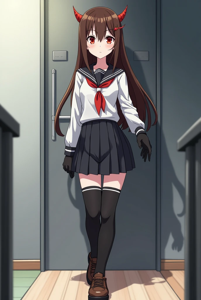 Screenshot of my hero academia a white skinned girl,long straight brown hair,Red eyes,small devil horns,a small scar on the cheek,slim,normal breasts,UA Women&#39;s Uniform,Long black stockings,brown shoes and black gloves 