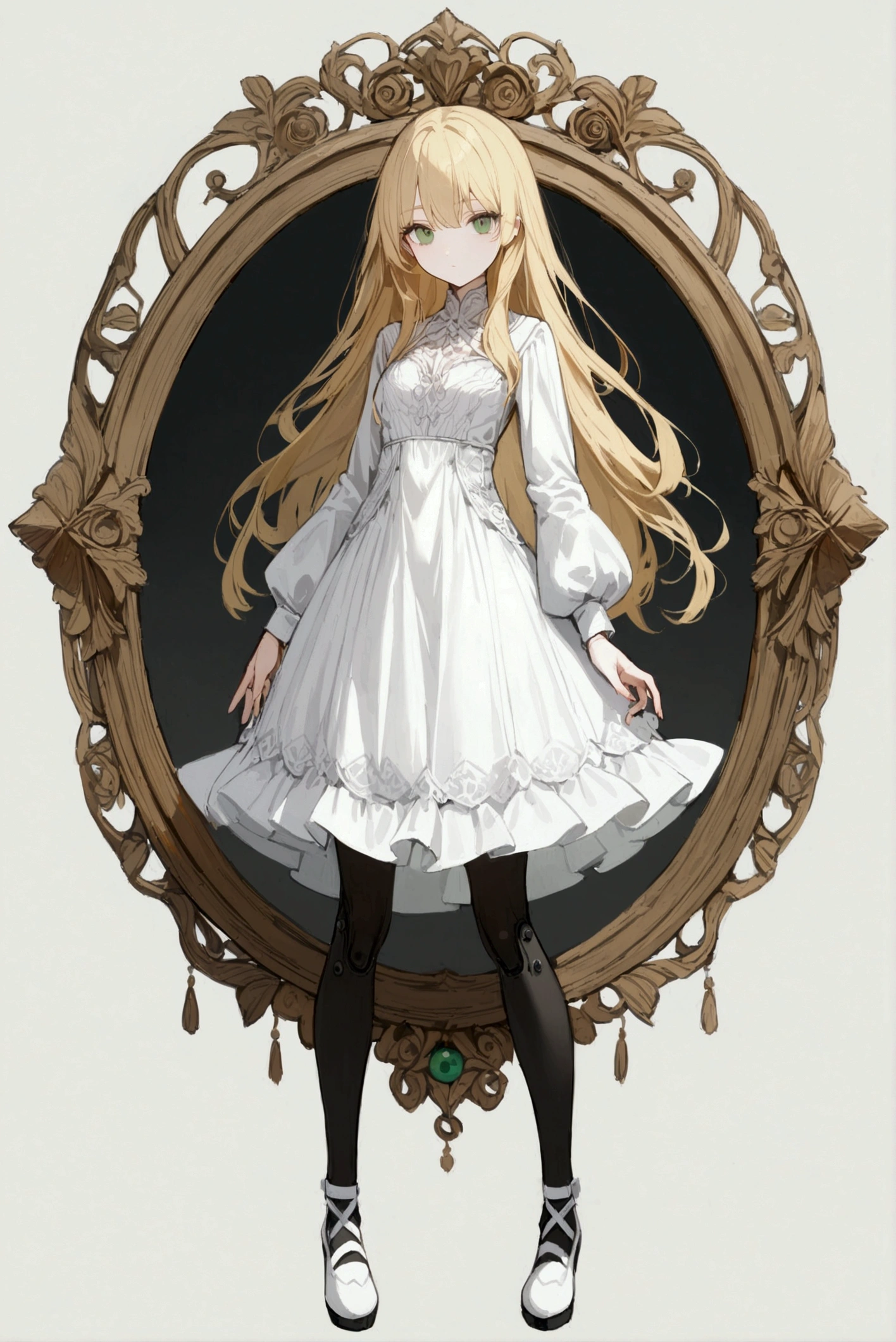 1 woman, alone, white dress, long sleeves ,long hair, blond hair, Green eye, looking at viewer, whole body, small breasts, expressionless, black stockings, White shoes, Ball joints