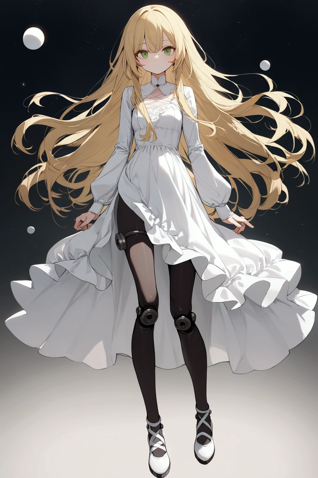 1 woman, alone, white dress, long sleeves ,long hair, blond hair, Green eye, looking at viewer, whole body, small breasts, expressionless, black stockings, White shoes, Ball joints