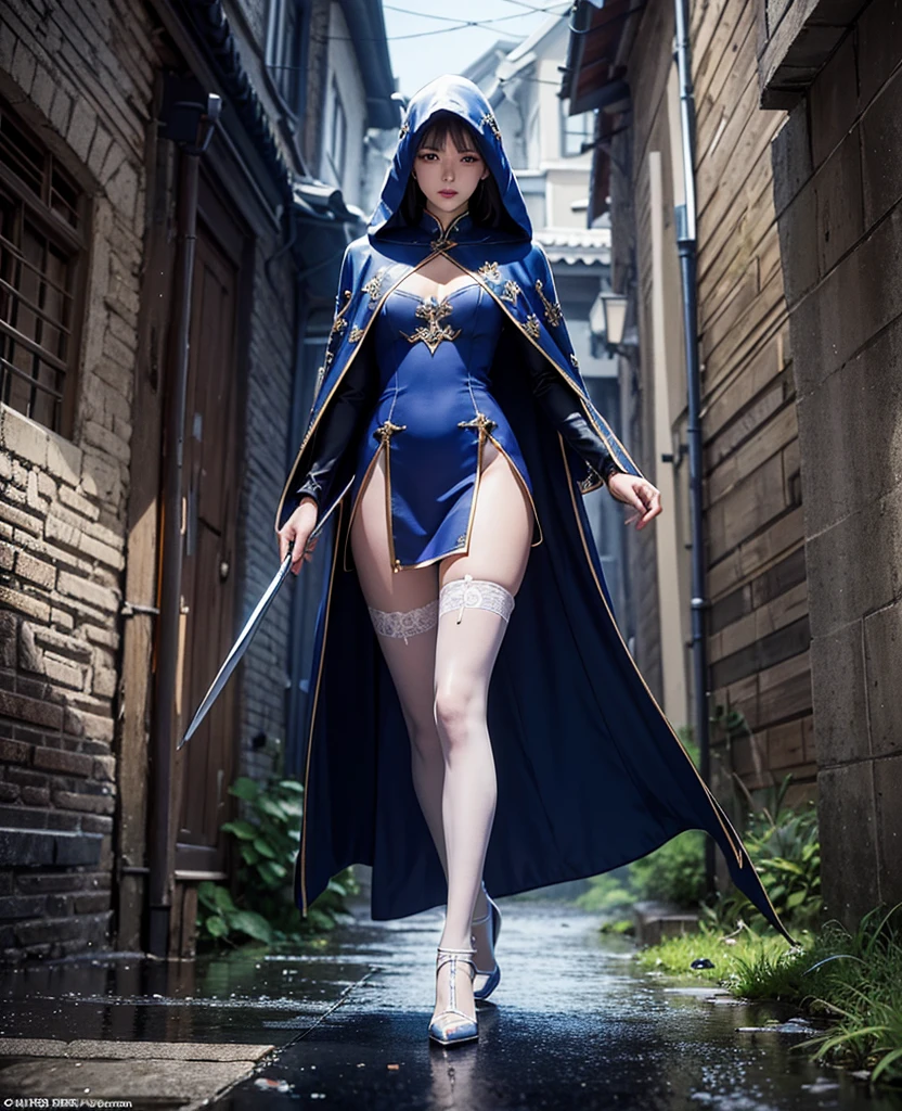 walking South korea women mystery hooded on with modern royal Blue coat with buttons and royal Blue cape and very high white heel over the knee and white gloves, As she reveals a small secret hidden blade, blood stain on her,adding to the character’s mysterious and agile appearance, with small movements of air on the cape, in summer at night under the rain, . The scene is set at night,human corpse, Pool of blood, splash of blood, there was someone behind him wearing the same clothes in an alley in the garden. , intricate detail, ultra detail, incredible detail, intricate detail, extremely detailed and intricate, super max, masterpiece, best quality, HDR, UHD, unreal engine. , beautiful face, Rich in details High quality, gorgeous, captivating, 8k, super detailed, stunning shadows, detailed lines