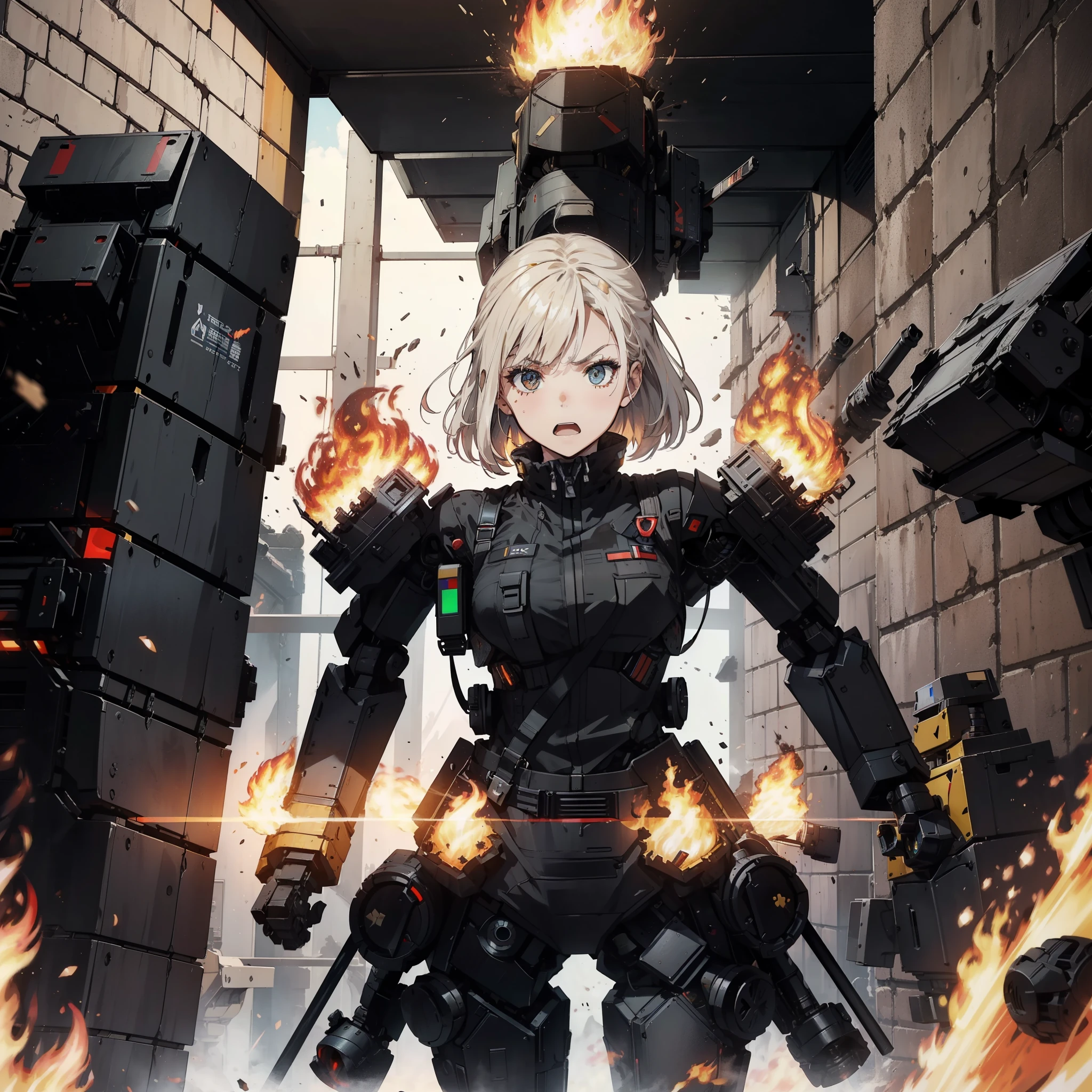 (Female soldier with well-trained body)、(((Fire machine guns to destroy enemy robots:1.4)))、1 woman、1 robot、(Black combat uniform)、(Platinum Blonde Hair:1.2)、(Angry Face),shout out loud、(Shoot a rifle)、Running through the rubble、((Ultra-high resolution))、Write details、masterpiece、Highest quality、Highly detailed CG、8K quality、Cinema Lighting、Lens flare、(Night)、((From the inside to the outside of the building))、Hyper Detail、Android wreckage、((Cowboy Shot:1.4))、Detailed depiction of firearms、Firearms with perfect detail、Perfect barrel、High speed driving、(Dynamic Angle:1.4)、Scattered empty cartridge cases、