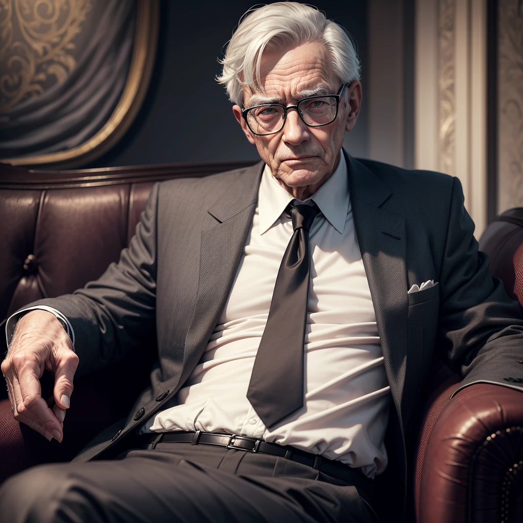 rich man aged between 50 and 60 years old, sitting in an armchair, and some wad of money holding a glass of whiskey, wearing suit