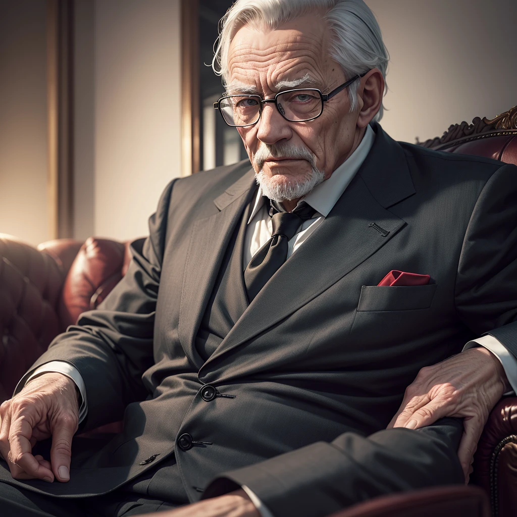 an elderly man adult sexy, tie, wearing glasses and black hair, sitting on a sofa in a house, detailed portrait, photorealistic, 8k, ultra-detailed, masterpiece, dramatic lighting, cinematic, Cold color tones, high quality