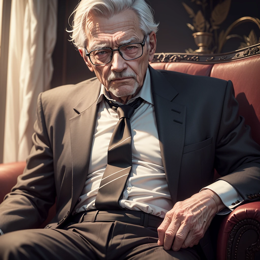 an elderly man adult sexy, tie, wearing glasses and black hair, sitting on a sofa in a house, detailed portrait, photorealistic, 8k, ultra-detailed, masterpiece, dramatic lighting, cinematic, Cold color tones, high quality