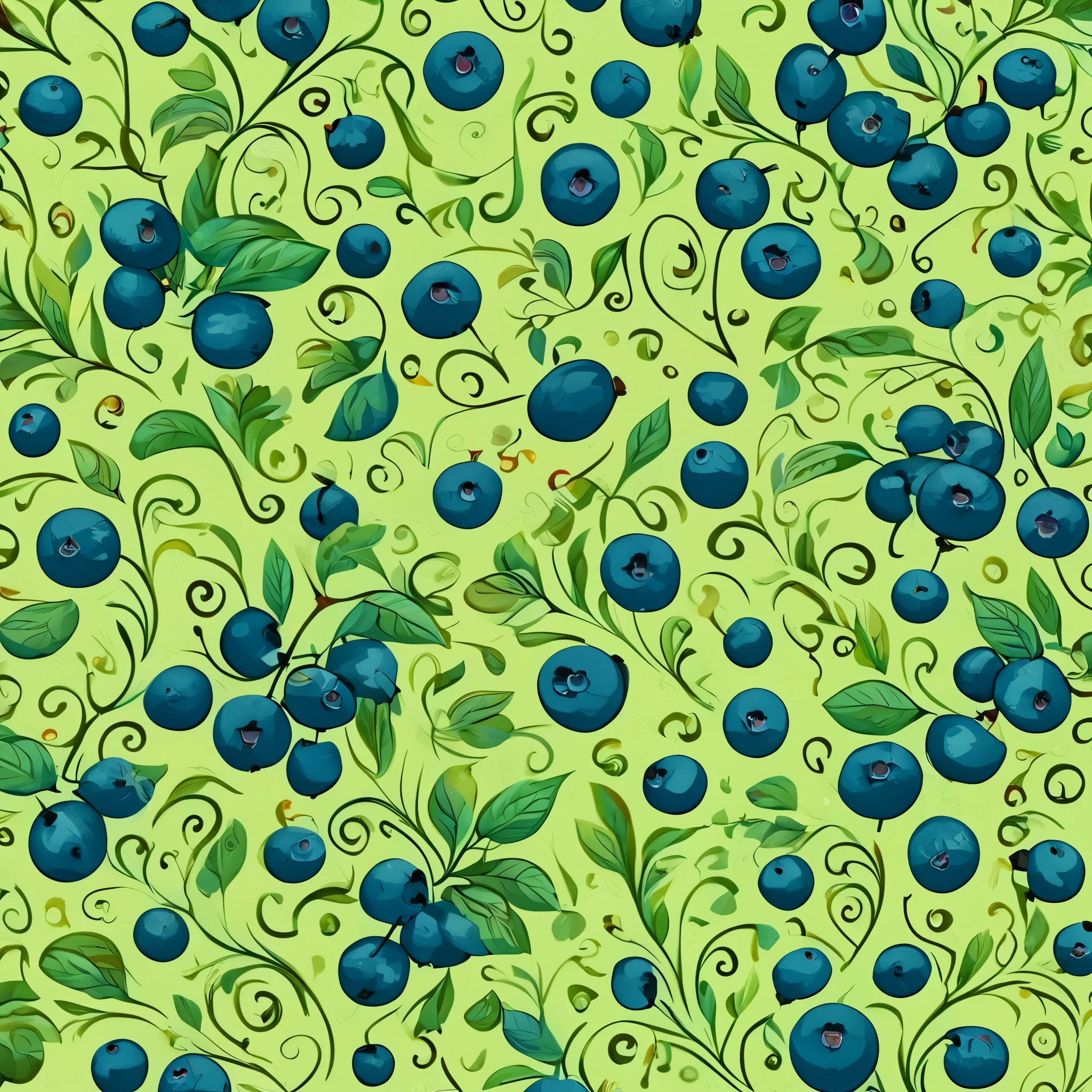 vectorial art, seamless pattern, With many colorful blueberry illustrations, At the center, swirly vibrant colors, high détail, sage green background
