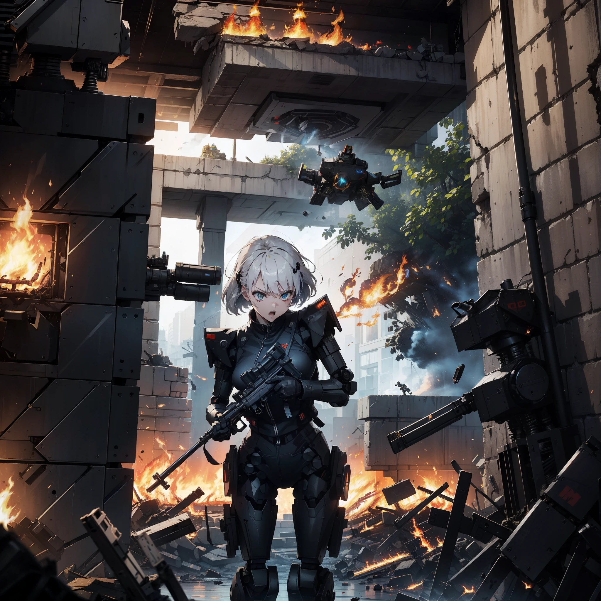 (Female soldier with well-trained body)、(((Fire machine guns to destroy enemy robots:1.4)))、1 woman、1 robot、(Black combat uniform)、(Platinum Blonde Hair:1.2)、(Angry Face),shout out loud、(Shoot a rifle)、Running through the rubble、((Ultra-high resolution))、Write details、masterpiece、Highest quality、Highly detailed CG、8K quality、Cinema Lighting、Lens flare、(Night)、((From the inside to the outside of the building))、Hyper Detail、Android wreckage、((Cowboy Shot:1.4))、Detailed depiction of firearms、Firearms with perfect detail、Perfect barrel、High speed driving、(Dynamic Angle:1.4)、Scattered empty cartridge cases、