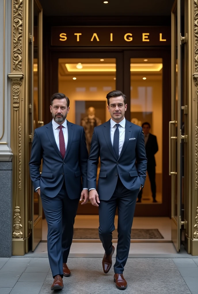 Men leaving a fine shop 

