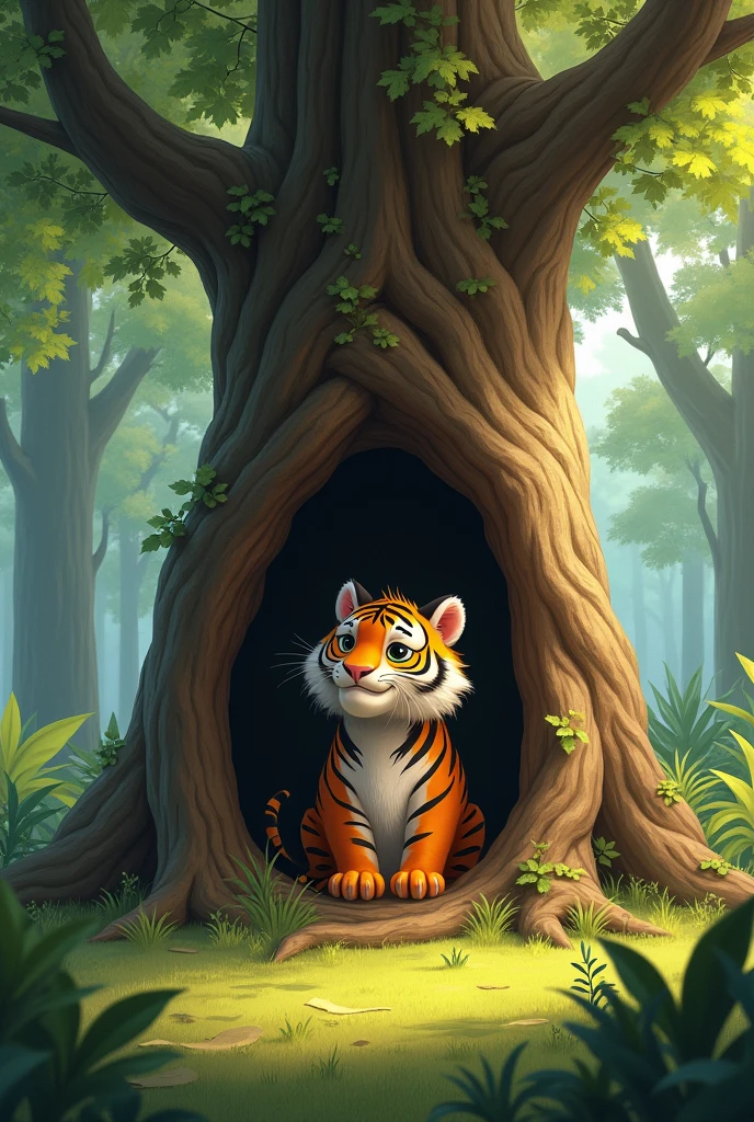 In the center of the clearing, There was a big tree with a hole in the trunk.. There lived an animated tiger