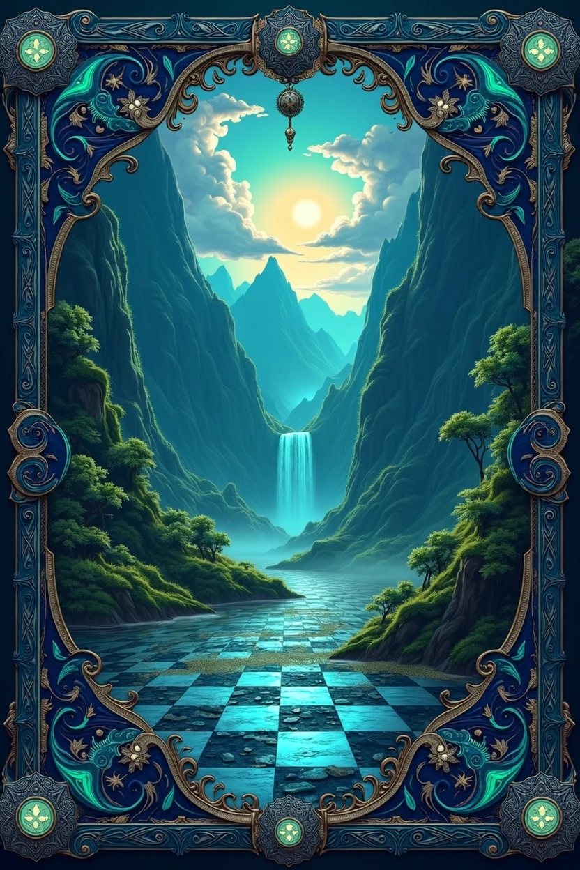 Create a chessboard with dimensions 420mm x 297mm, incorporating elements of a fantasy landscape. Use intricate, magical designs for the squares, such as enchanted forests, mystical mountains, and glowing rivers. The borders should feature ornate, mythical symbols, and the overall color scheme should evoke a mystical, otherworldly atmosphere with deep blues, greens, and purples 16:9
