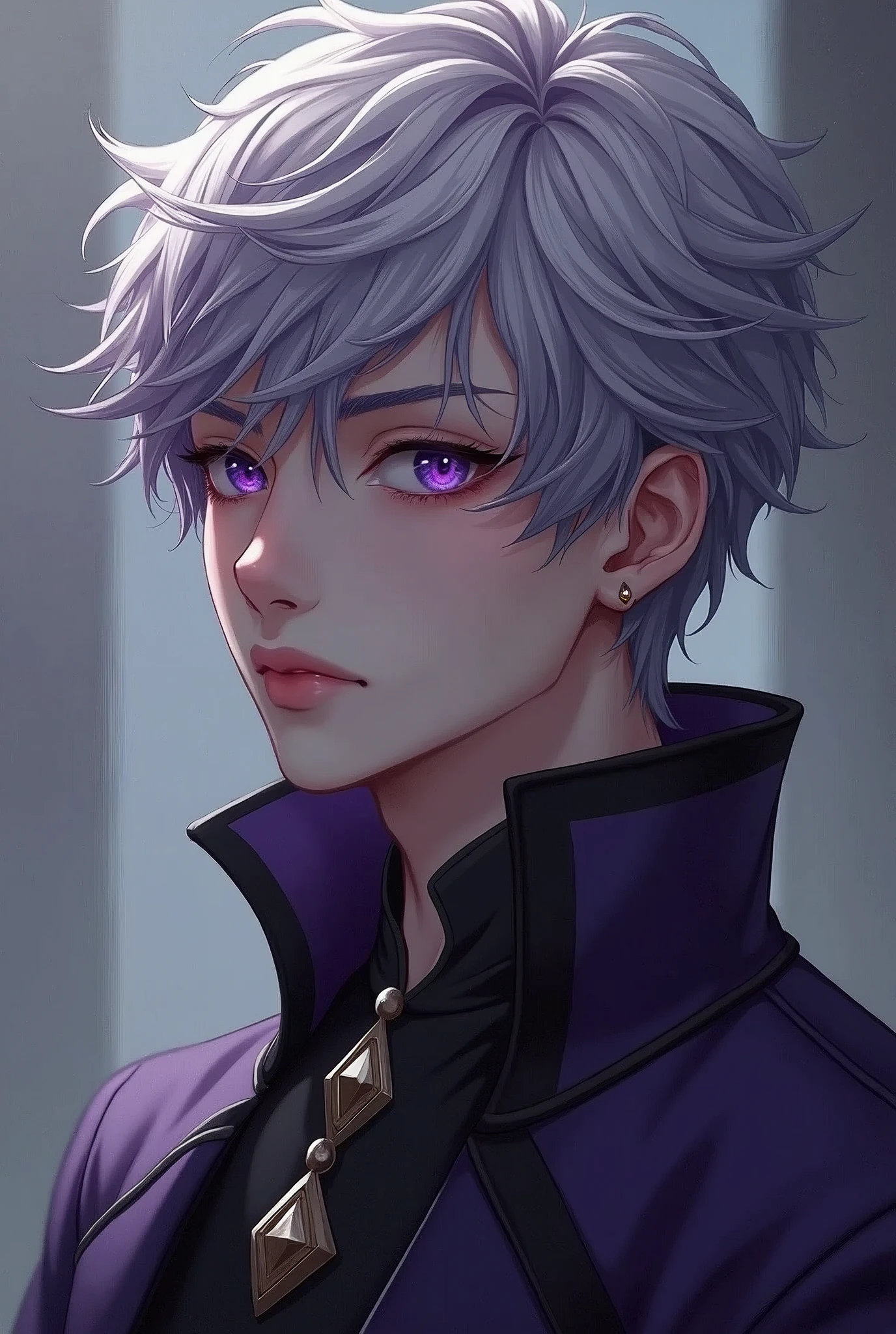 male, Silver-purple hair, Dark purple eyes, languid eyes, 20's, bust, pain, Romance Fantasy, Crown Prince. No crown