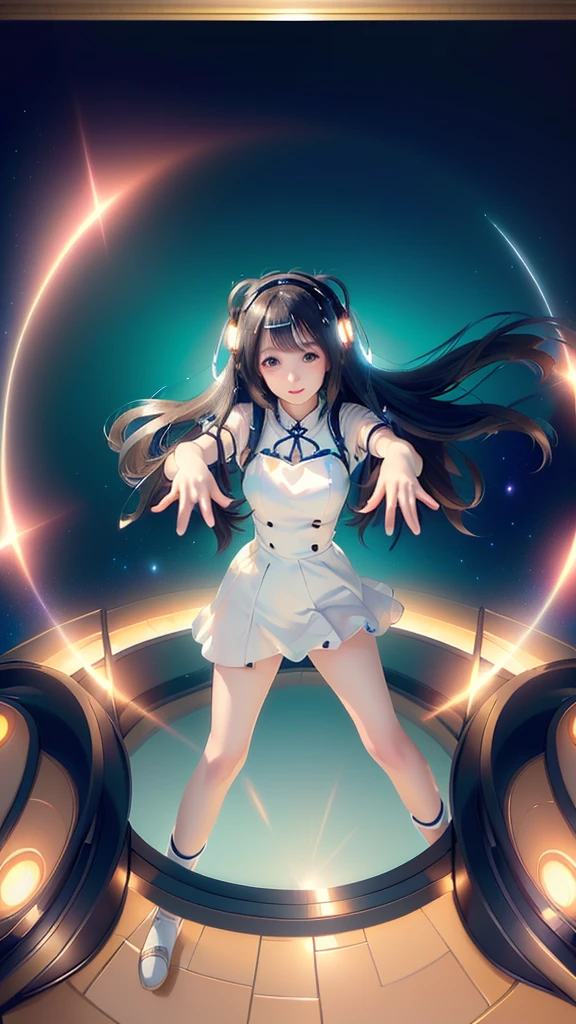 Highest quality、masterpiece、Ultra-high resolution、(Realistic:1.4)、RAW Photos、一人のgirl、((Ultra-Realistic Details))、Portraiture、Exquisite Japanese decoration、Very intricate details、Realistic Light、(Mystical Expressions), To the camera、
girl with long white hair and black dress standing in front of a blue background, Nightcore, Moe art style, Official artwork, Splash Art Loli,  Vocaloid, robot!! girl, Portrait Anime Astronaut Girl, Nano Girl v2, girl with cosmic hair,  4K, pixiv style, Kantai Collection Style
