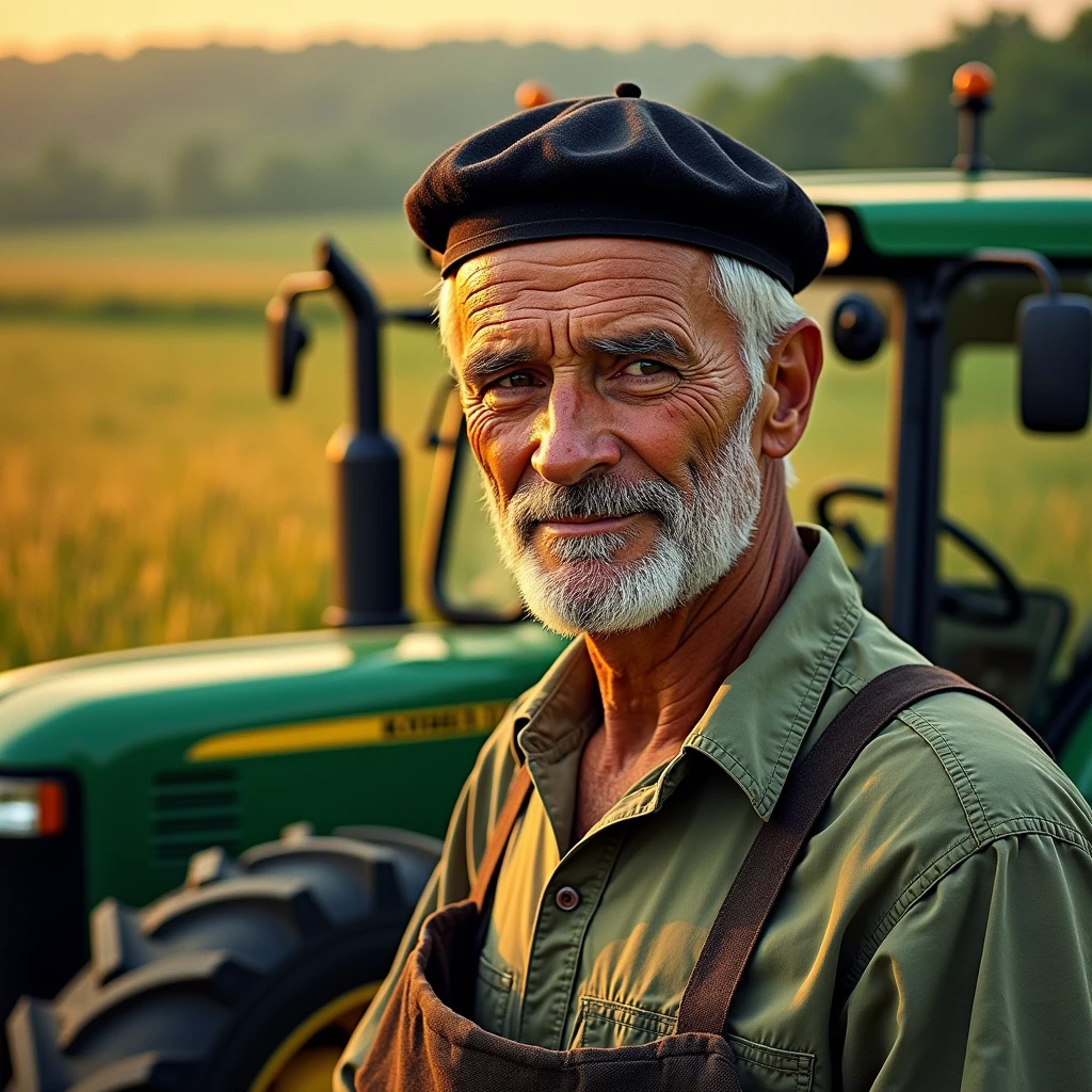 A man in his 50s, a farmer with a black beret, stands in a vast field with a golden sunrise in the background and a tractor next to him, hyperrealistic, ultra HD, intricate details, well detailed face, 64k