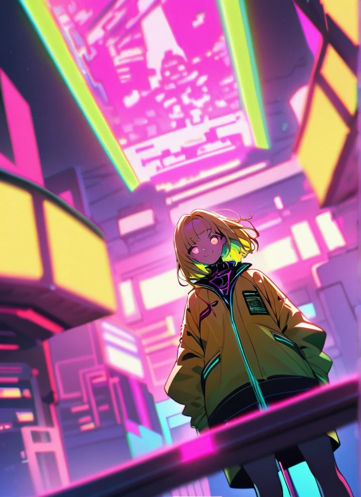 cyber punk,Yellow Hair,蛍光のYellow Hair,Fluorescent pink eyes,cyber punkな背景,Blurred Background,Yellow Jacket,Rainbow High Resolution, High detail, Ultra high definition, ((Glowing pink eyes)),Character portrait, ((Wide-angle shot,))smile,((whole body))