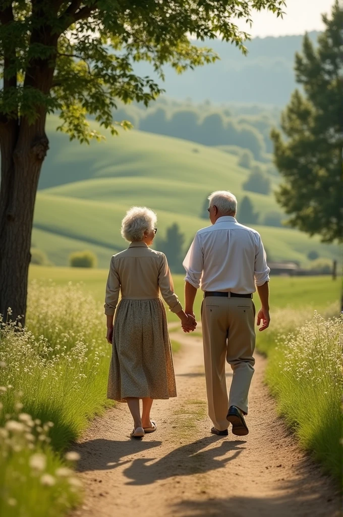 A high quality video of an elderly couple walking through the countryside holding hands, Mrs. Pier Blanca and Mr. Pier Morena, High Definition 