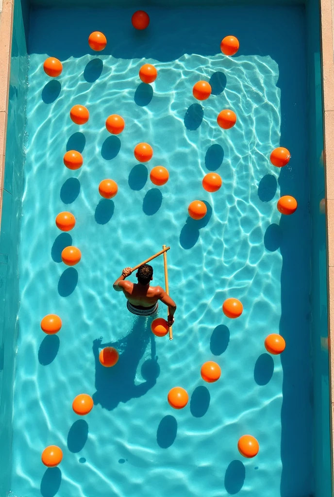 I need an image of a pool containing small inflatable balls that are being distributed by a person. (man) with a stick in the center of the pool. The image must be viewed from a top-down perspective.. But let the whole pool be seen. that the image is larger so that everything can be seen and that the balls are of the same color, in this case orange. GOOD, that the person continues to hold the ball as if he were placing it in different places. And another thing is that the image should be wider, that is to say, that it should be seen from a higher perspective.