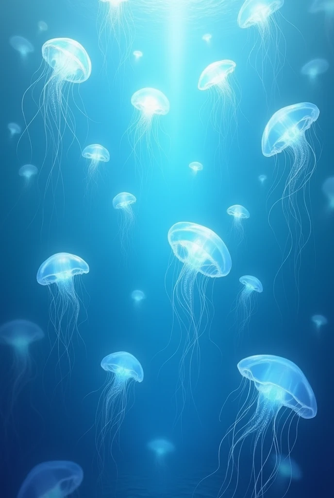 Illustration of many beautiful light blue jellyfish in the sea