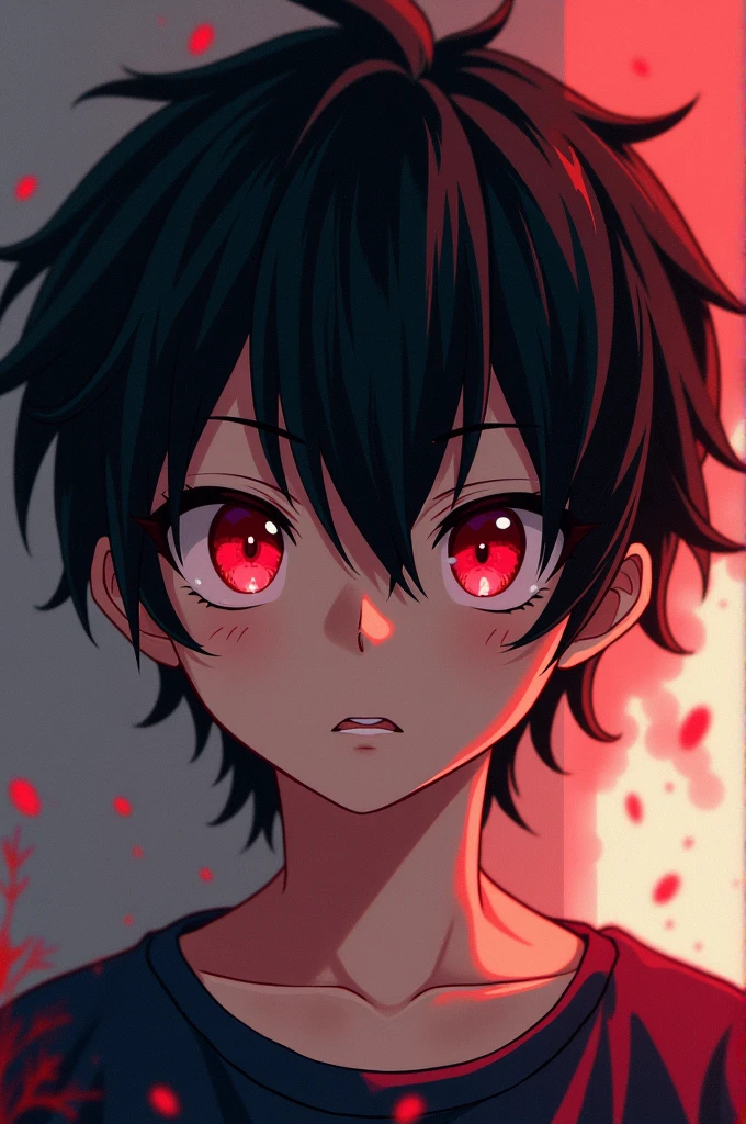 Dark-haired boy with red eyes in anime style