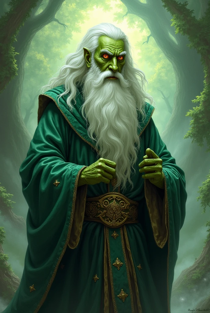 A wizard with green skin, amber eyes, white beard and greenish white hair 