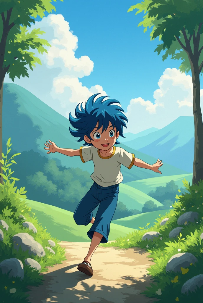 (((ghibli style))) a boy with navy blue hair dancing