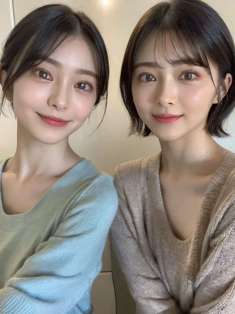 (masterpiece:1.3), (8k, Photoreal, Raw photo, best image quality: 1.4), Japanese high school girl、(random hairstyle:1.2)、cleavage:1.5、super detail face、eye for details、double eyelid、chest to chest、sharp focus:1.2、Beautiful woman:1.4、light brown hair、highest quality、masterpiece、超A high resolution、(Photoreal:1.4)、Highly detailed and professionally lit smiles、loose and light knitwear、shoulder out、thin、serious expression、short haired、deadly position
similar identical twins
All the girls have the exact same face, The two have the same face and figure, as if they were mirror images.