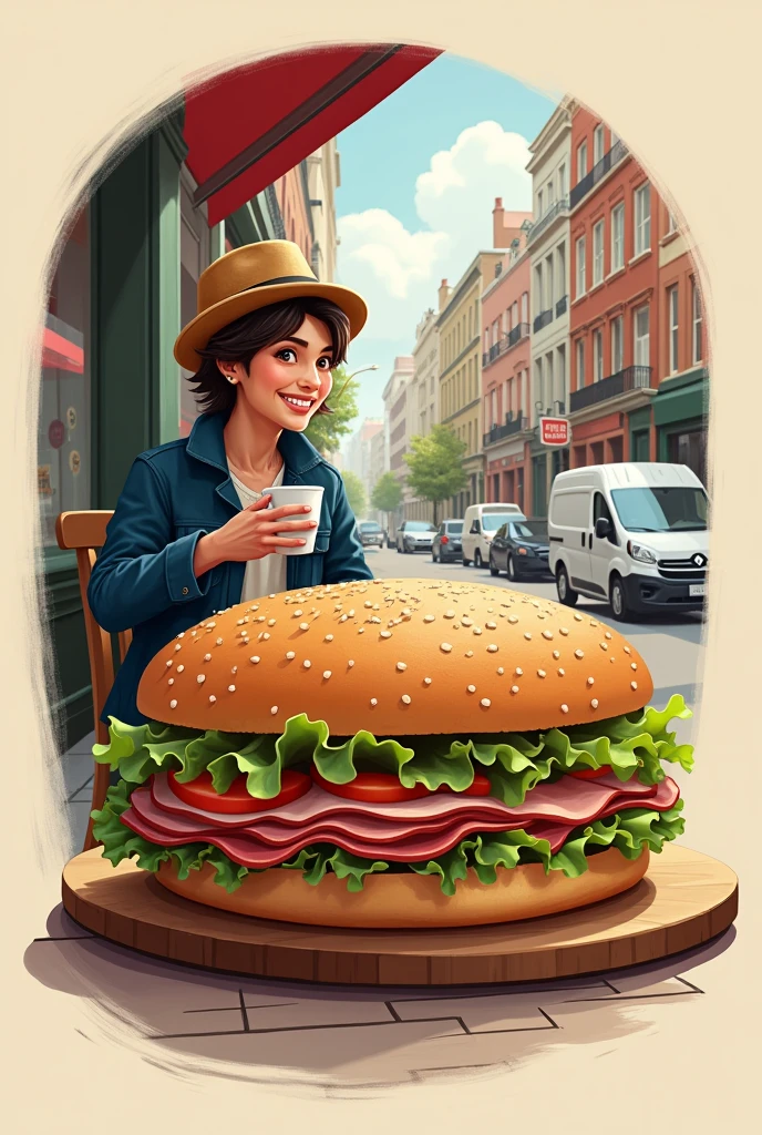 A coffee shop logo, with a ham and lettuce bread, A person sitting with a coffee and a Quaker packaging on the street in the background
