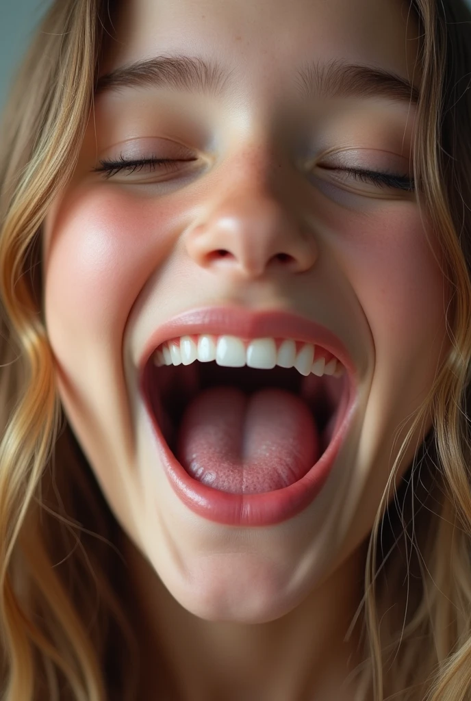 closeup of a female young teen’s face, mouth very wide open and smiling, eyes closed, long hair, mouth full of sugary liquid, extreme skin detail, photorealistic, 8k, wallpaper, viewed from above
