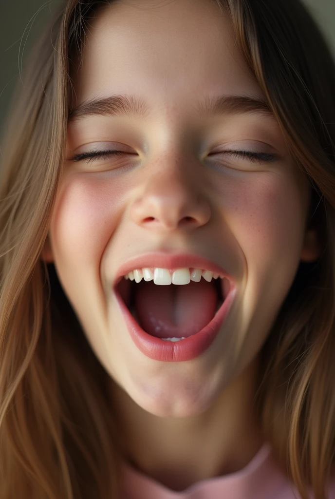 closeup of a female ’s face, mouth very wide open and smiling, eyes closed, long hair, mouth full of sugary liquid, extreme skin detail, photorealistic, 8k, wallpaper, viewed from above