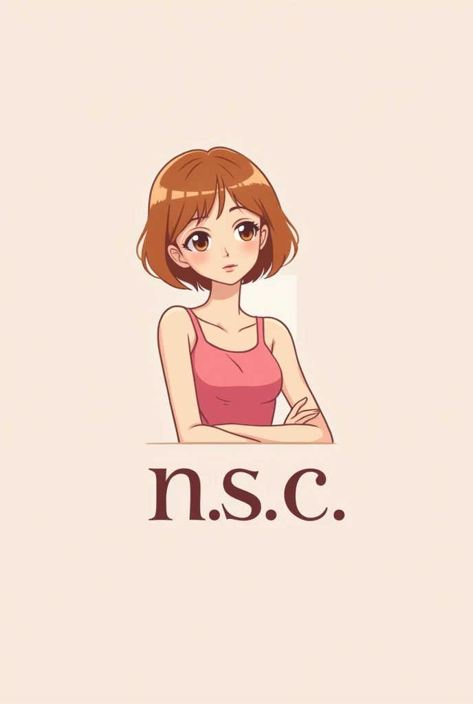 crea un logotipo de una chica cabello corto hasta los hombros cobrizo, skinny girl arms crossed light brown eyes, thin face, in pink dress, put initials below N.s.c. in capital letters