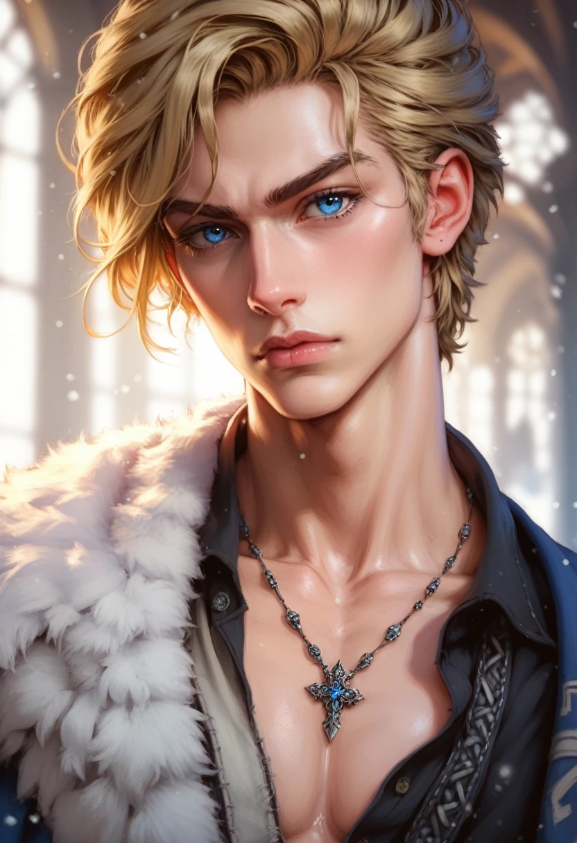 absurdities, High resolution, ultra detailed, HdR, masterpiece, Extremely detailed face and eyes, semi-long blonde hair, bushy eyebrows, serious, expressive blue eyes, detailed eyes, LOOKING AT THE SPECTATOR, 1 man, white fur coat, blue viking clothing, masculine, sorcery clothing, snow background, background skulls, toned chest, Complete plan,photorealistic, 8k