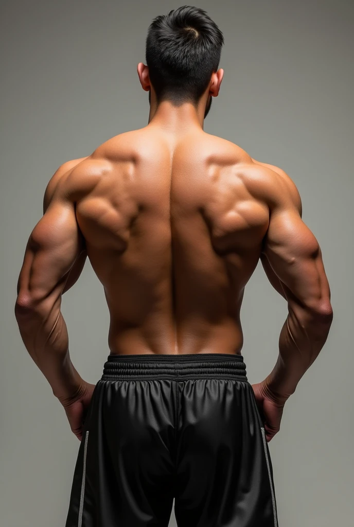 Mexican Smiling 22 year old muscular man wearing sleeveless open vest and muay thai short shorts back view and squatting